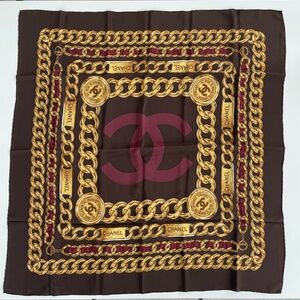 Chanel Vintage Square Brown & Purple CC Medallion Gold Chain Silk Scarf